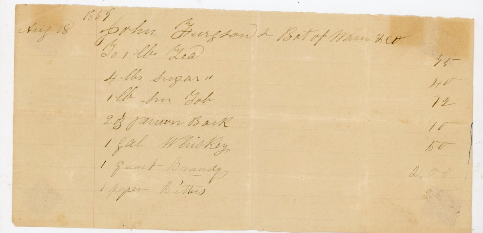 Antique 1859 Handwritten Store Receipt Ledger Tea Sugar Whiskey Brandy Bitters