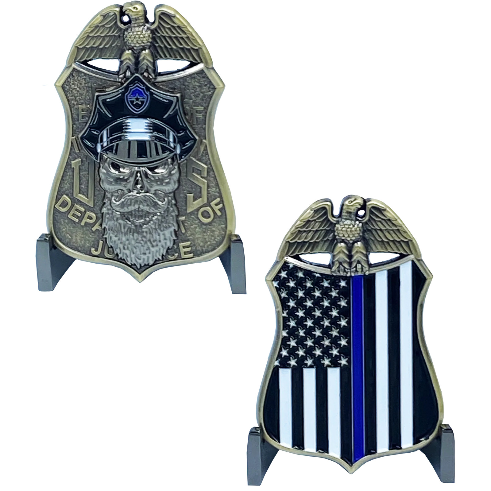 H-023 Thin Blue Line FBI Special Agent Police Challenge Coin Beard Gang Skull Ba