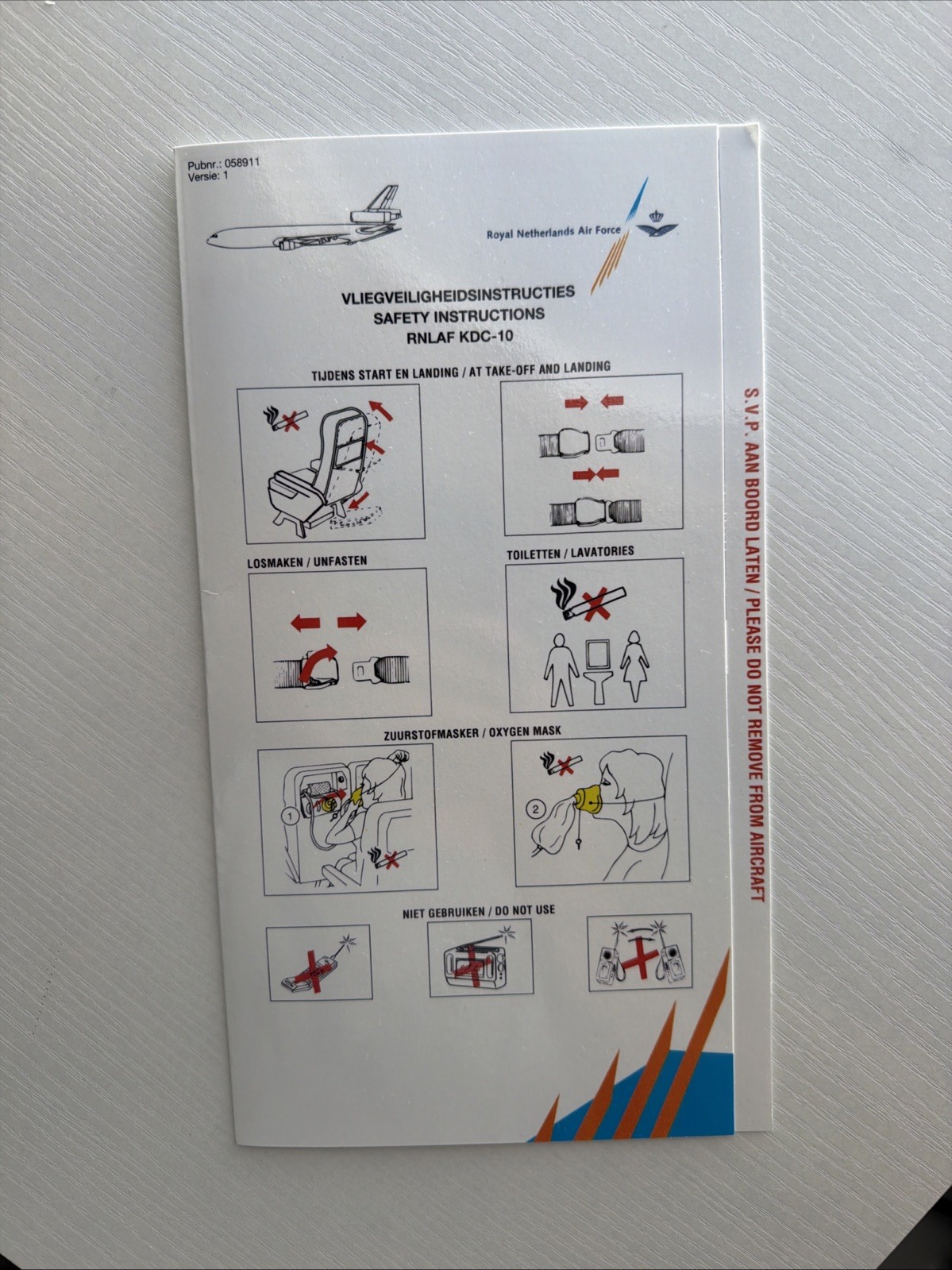 Royal Netherlands Air Force KDC-10 Safety Instruction Card