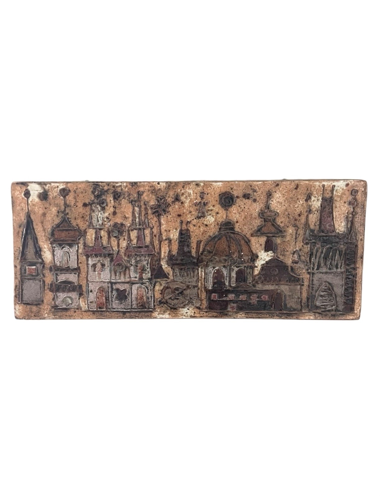 Vintage Mid Century Modern Clay Wall Plaque Prague Cityscape Brutalist 1960s