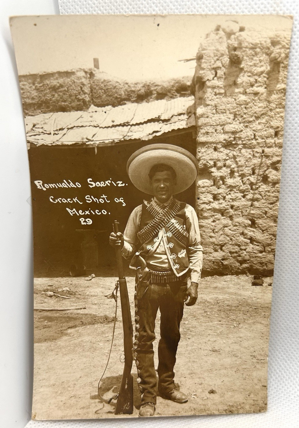 Postcard RPPC Mexican Revolution Romualdo Saeriz Crack Shot Rifle AZO
