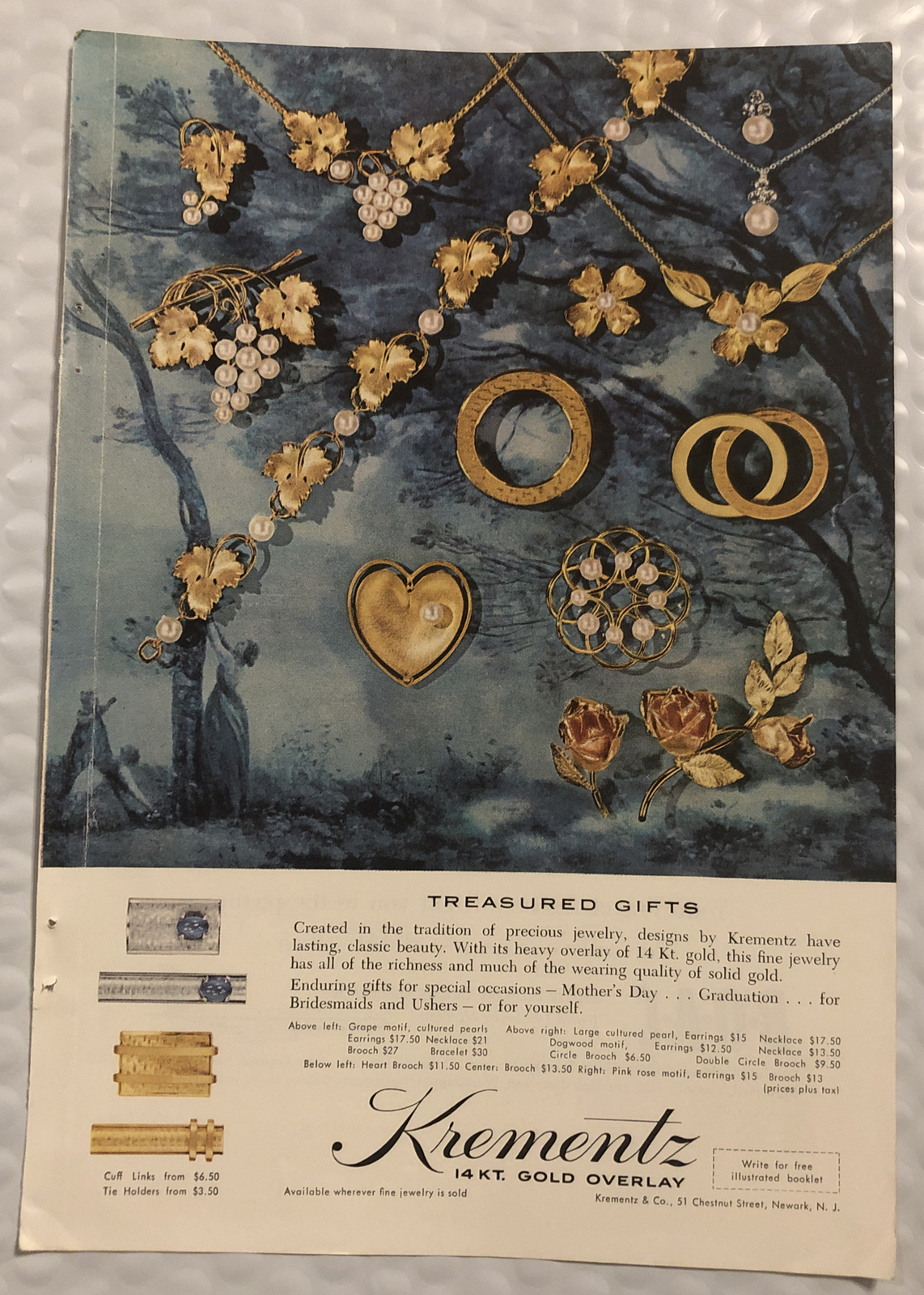 1961 Krementz Jewelry Original Print Ad - 14kt. Gold Overlay - Treasured Vintage