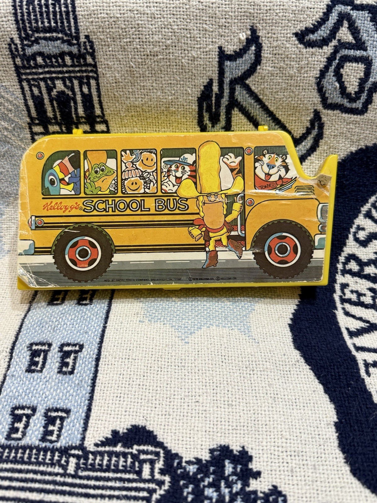 Vintage 1978 Kellogg’s School Bus Plastic Pencil Box with Tape Dispenser