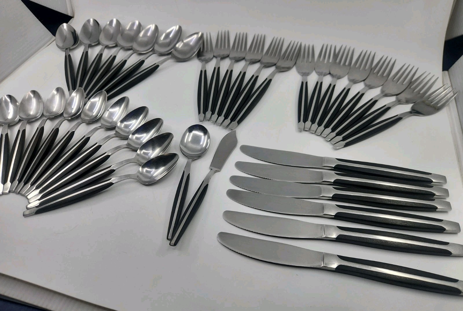 Vintage 1966 Cosmos Statesman 41pc Stainless Flatware Black MCM Japan Silverware