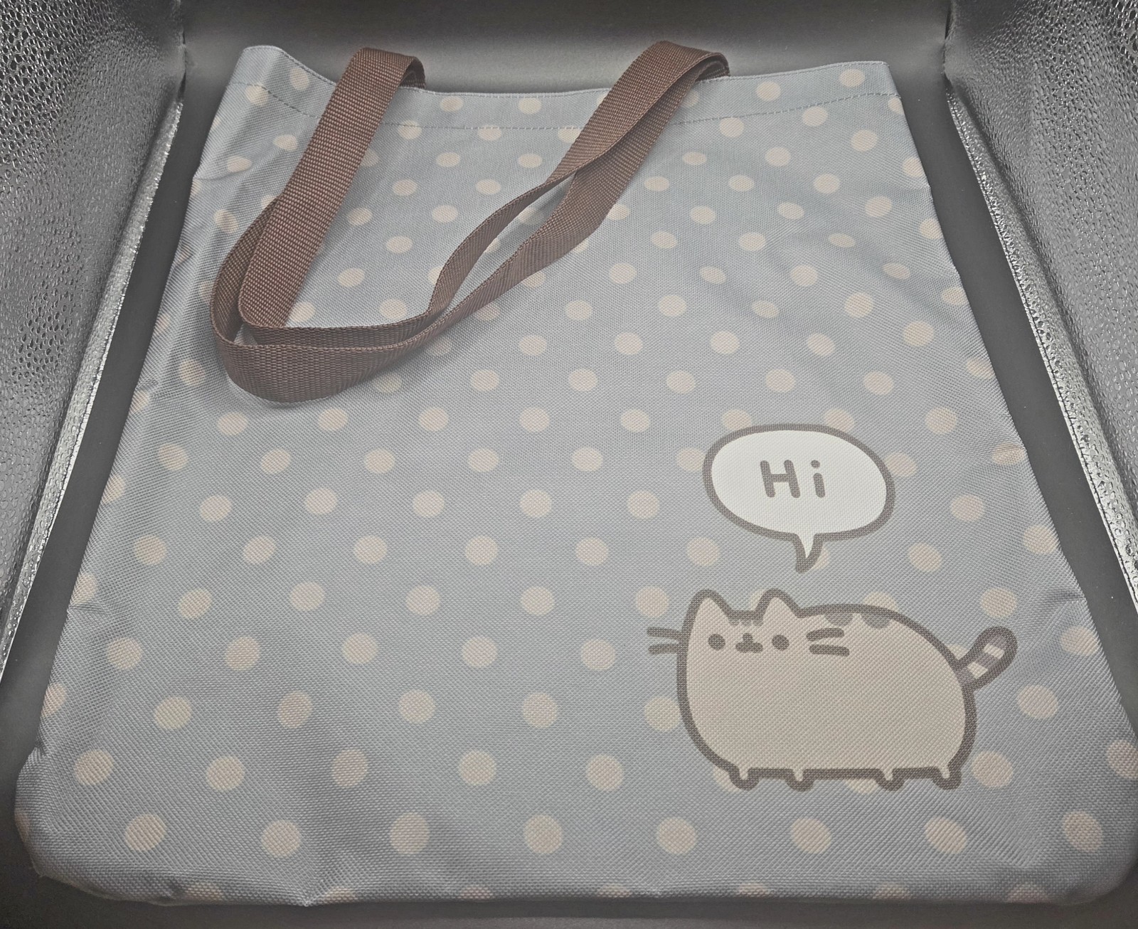 PUSHEEN HI - POLKA DOT GREY GRAY TOTE BAG ISSAC MORRIS LTD. 2016