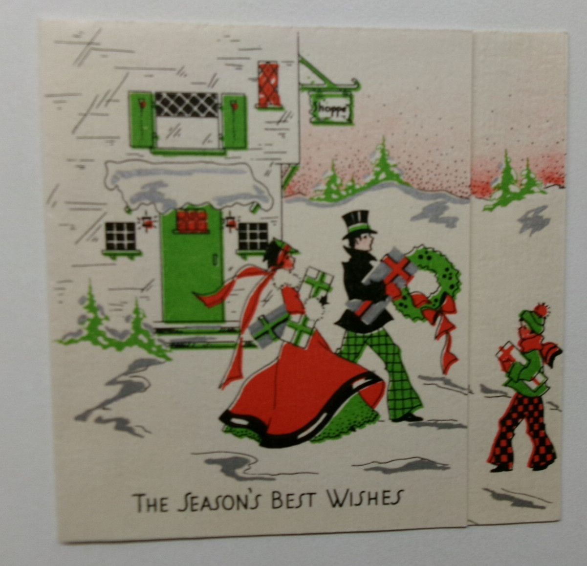 Vtg Christmas Card Fashionable Couple Boy Dog with Gifts & CHECKERED PANTS