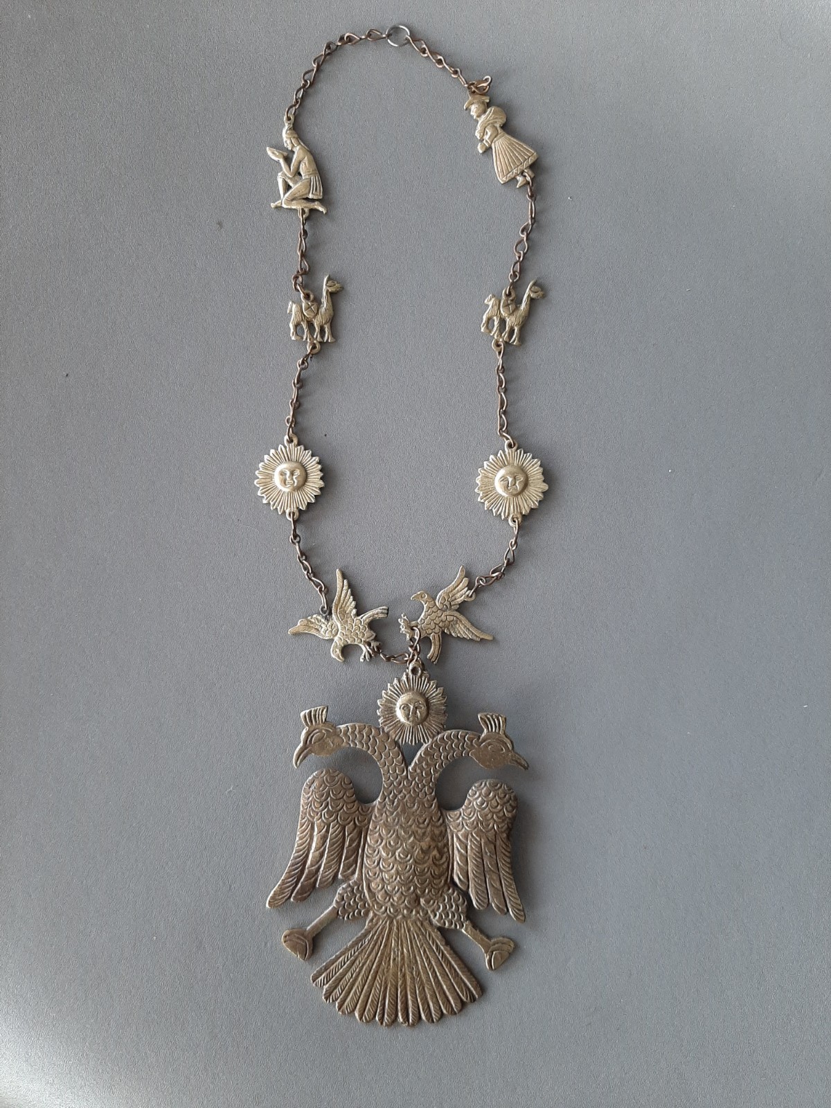 Vintage Peruvian~Inca~2 headed Eagle + Sun~Llama~Necklace~embossed/cast Bronze