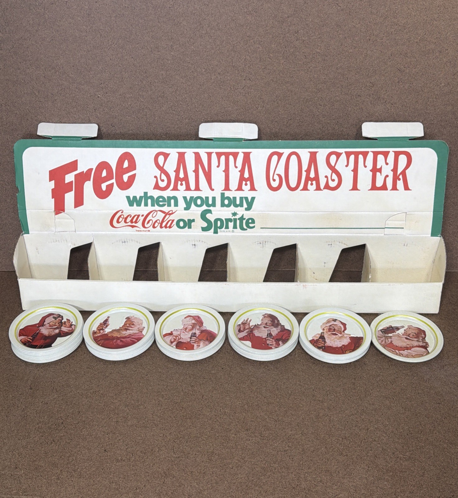 VTG 1983 Coca-Cola Sprite Free Santa Metal Coaster Display w/ 49 New Pcs 22” WOW