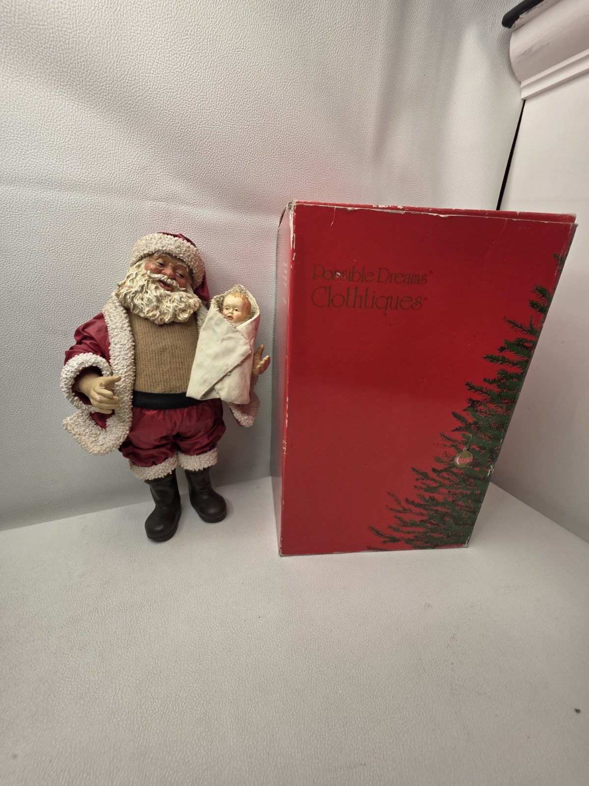 Vintage 1988 Possible Dreams Clothtique Baby\'s First Christmas Santa w/ Baby Box