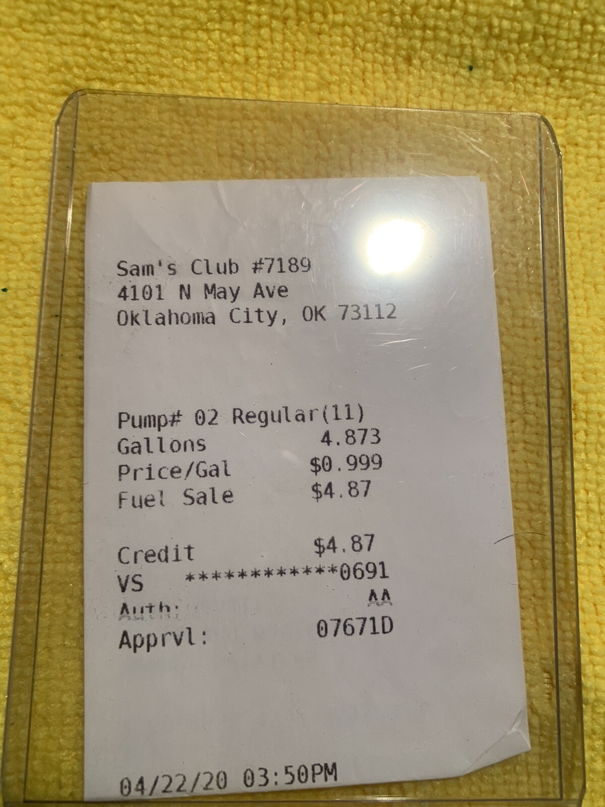 $.99 per gallon gas receipt from sams club dated 04/22/2020