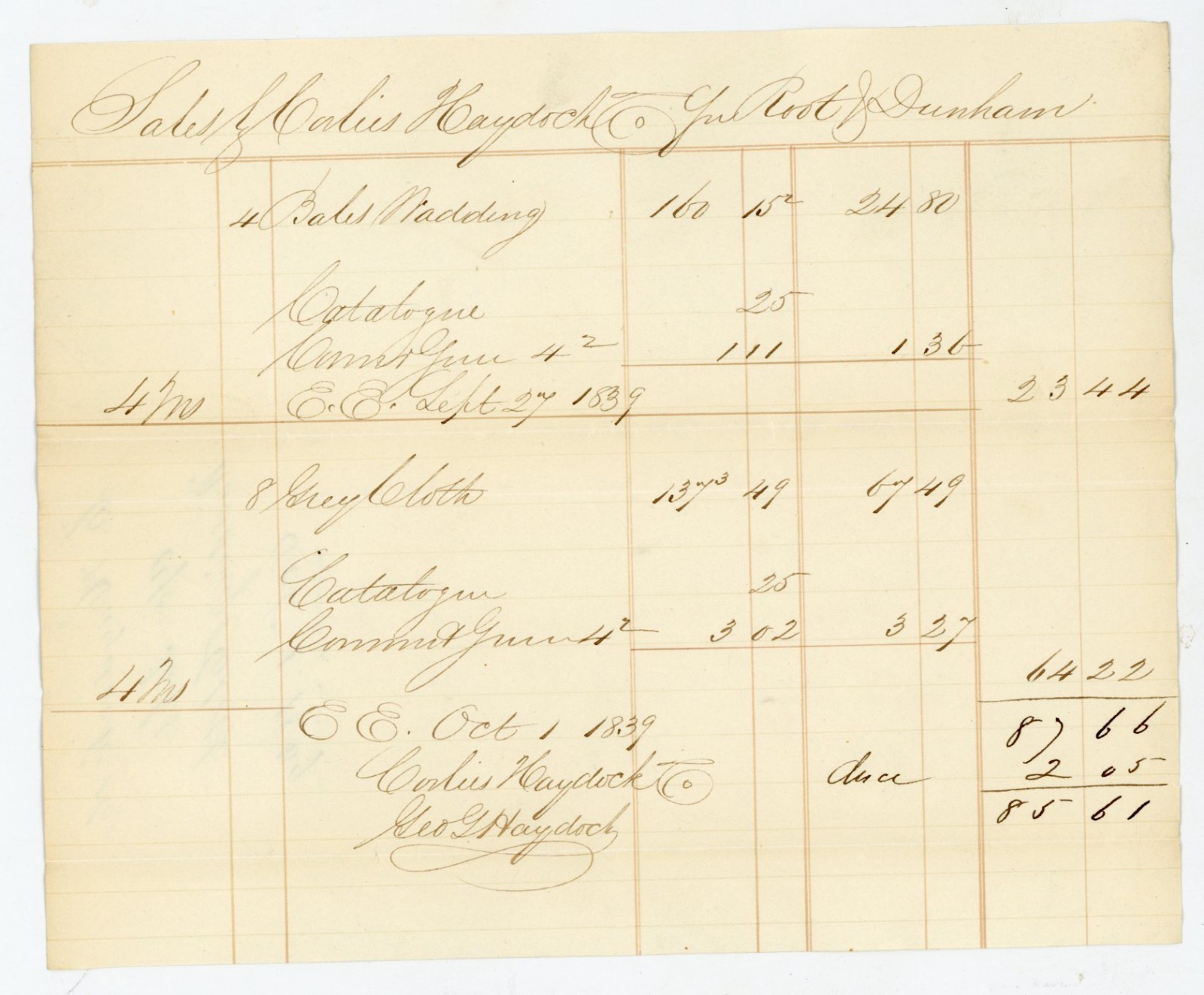 1839 NYC Merchant Manuscript Invoice Corlies Haydock & Co Textile Cloth Wadding
