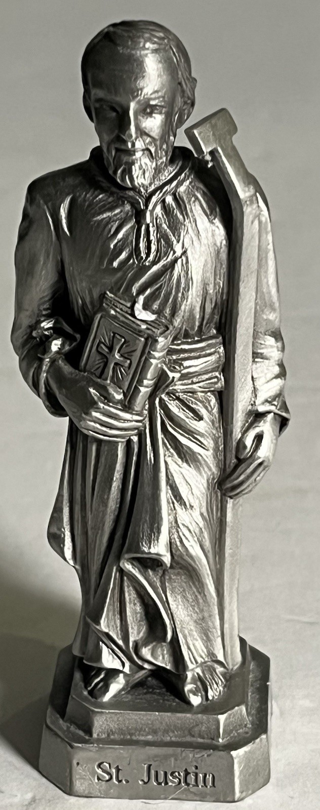 VTG 1989 J.C.C. St Justin Pewter Figurine 3.5” Catholic Saint Statue USA