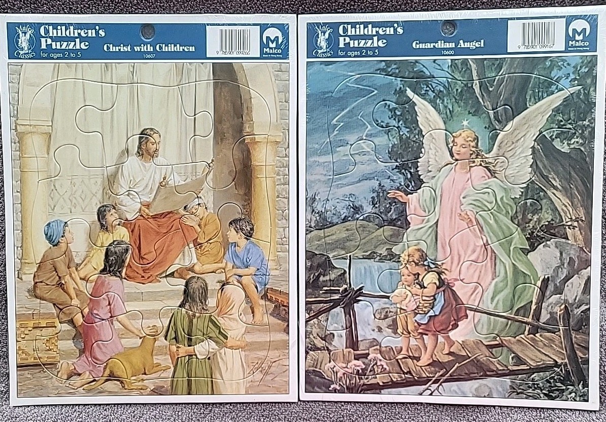 2 Childrens Puzzles 12 Pices Each Ages 2 To 5 Guardian Angel, Christ W/ Children