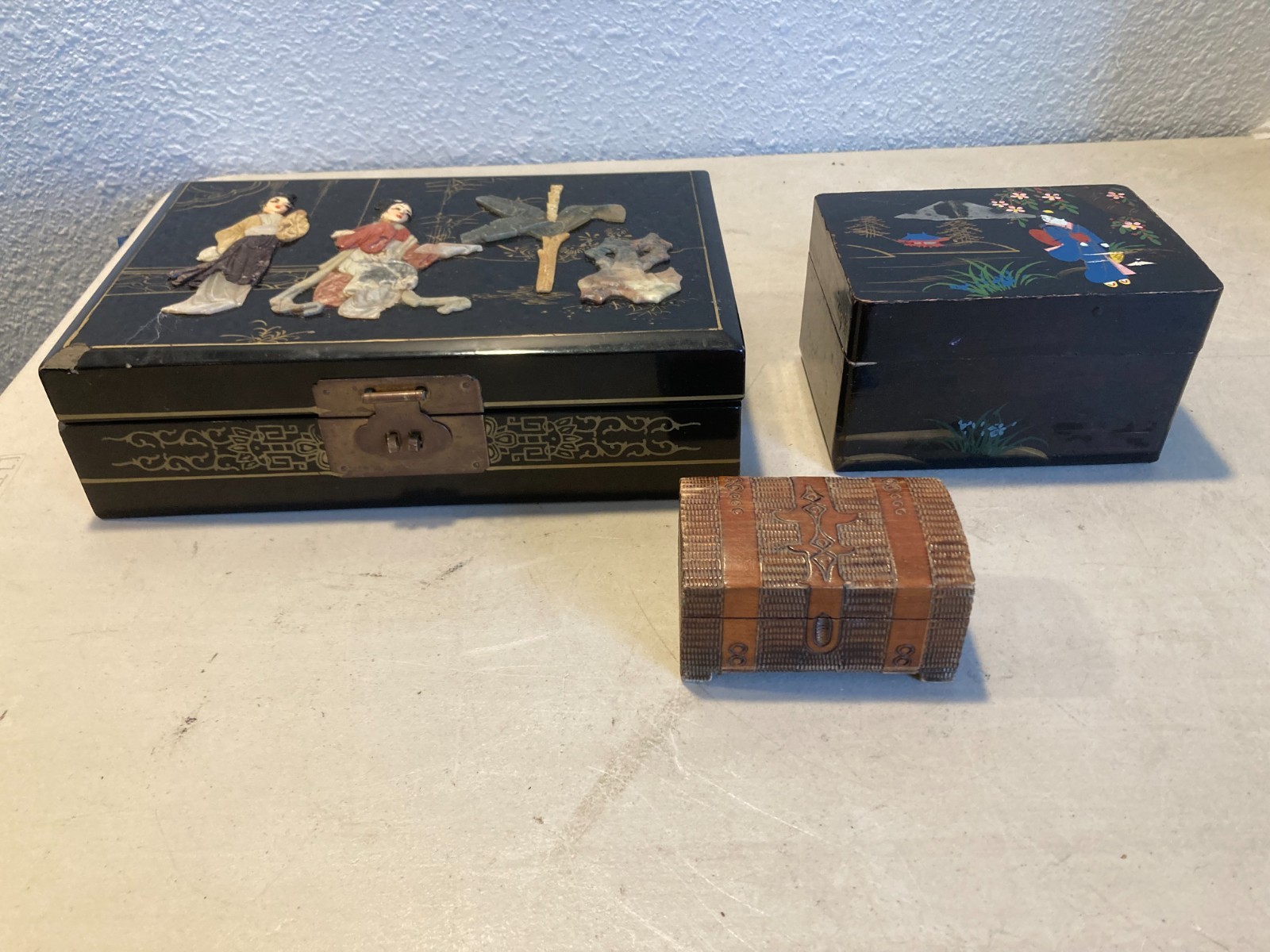 Lot of 3 Vintage Chinese & Japanese Jewelry Boxes Lacquer Jade Tramp Art
