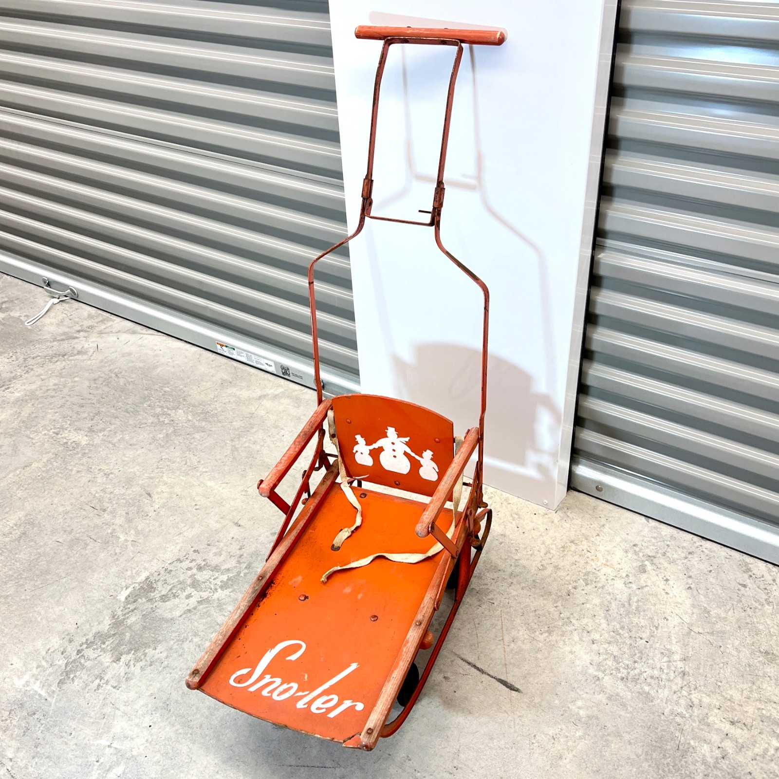 Vintage 1940s - 50s SNO-LER Childs Folding Snow Sled Push Stroller Snowman Decal
