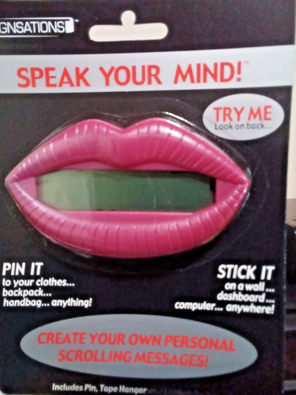 custom scrolling wearable message pin create your own personal message red lips