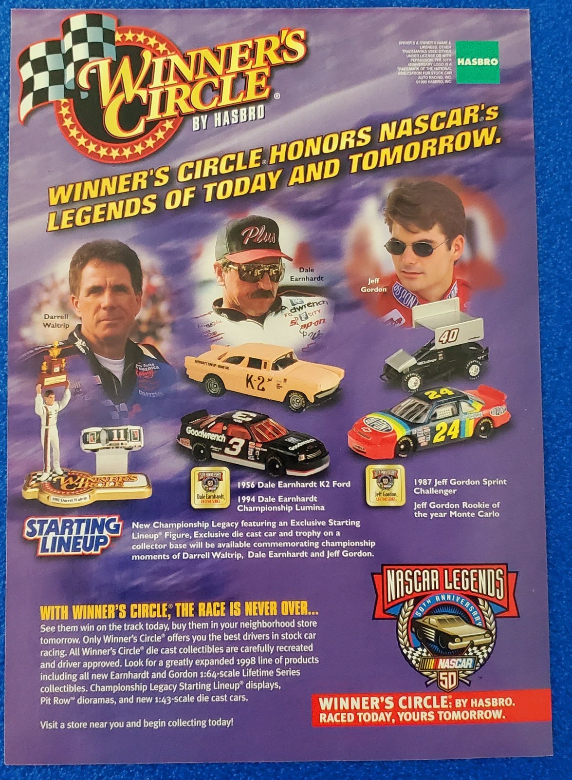 1998 WINNER\'S CIRCLE NASCAR RACING LEGENDS WALTRIP EARNHARDT DIE CAST PRINT AD