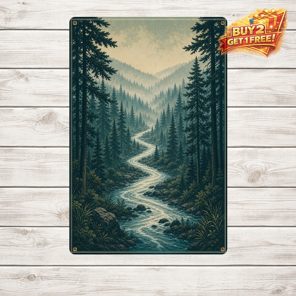 Misty Pine Forest River Landscape Nature Scene Metal Tin Sign Decor