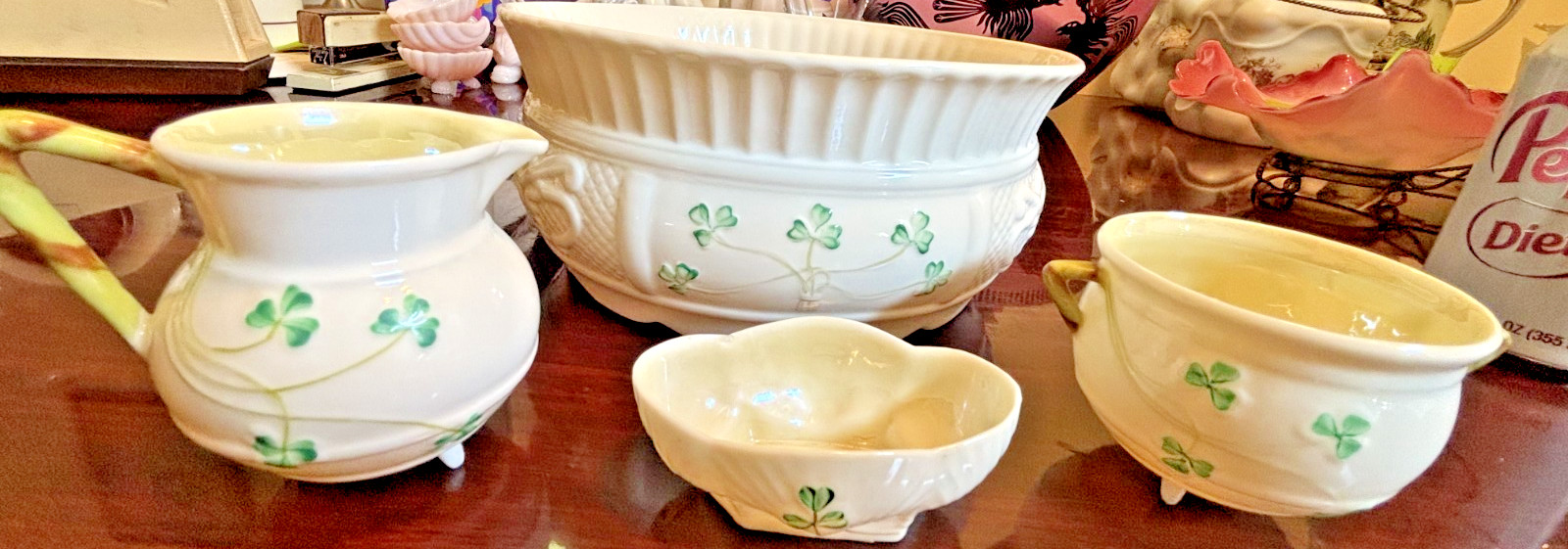 Vintage Belleek Shamrock Ireland Porcelain 4 Pc. Bowl Sugar Creamer Salt Cellar
