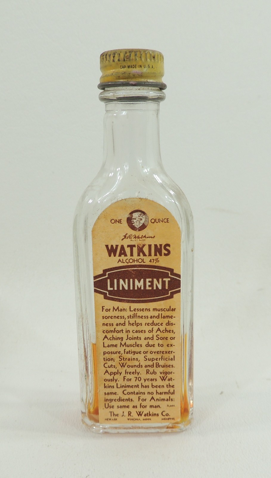 Vintage JR Watkins Liniment Bottle Full Label 1 oz Partially Full