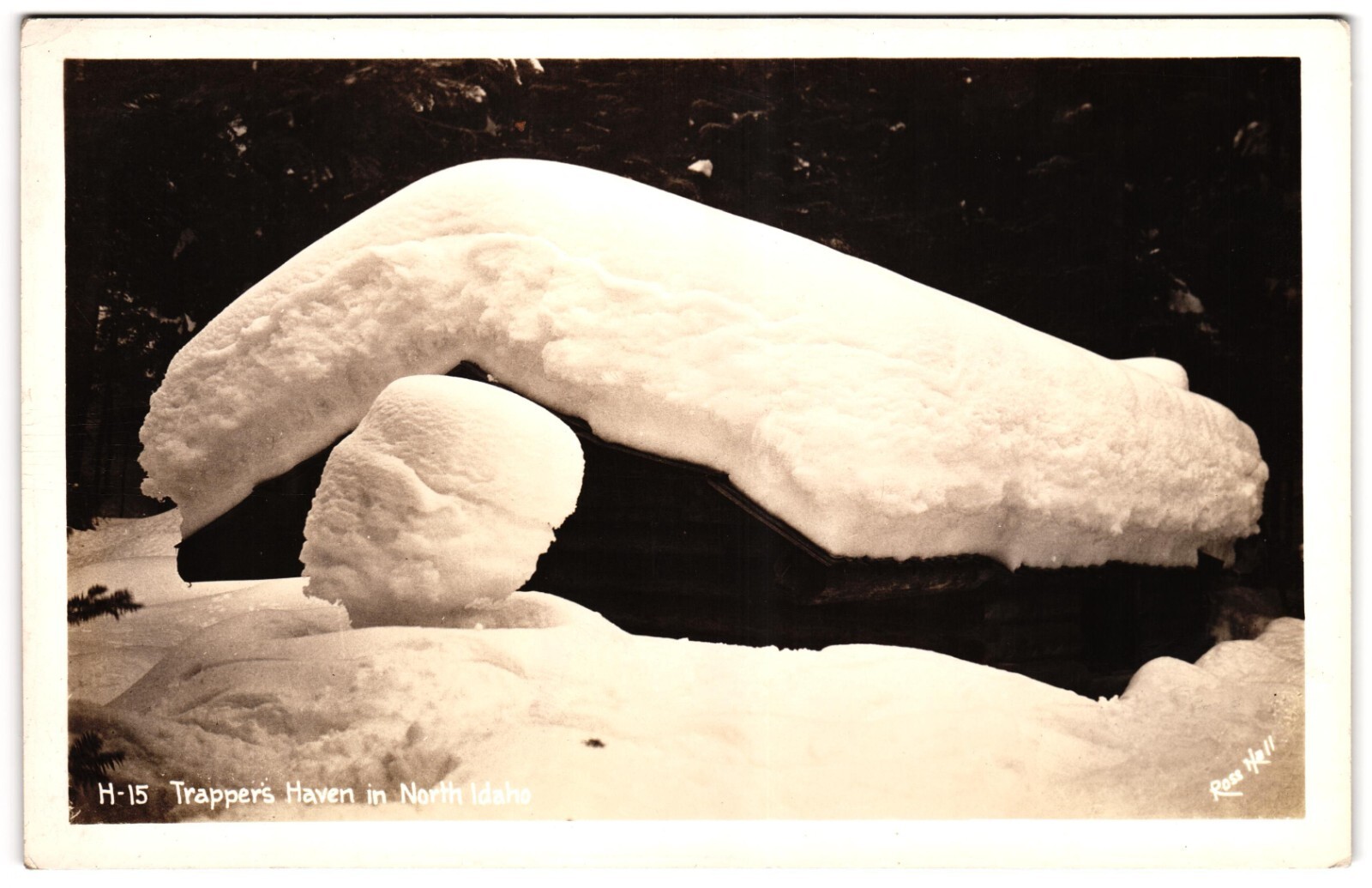 Snow Covered Cabin Trapper\'s Haven North Idaho ID RPPC Ross Hall Postcard