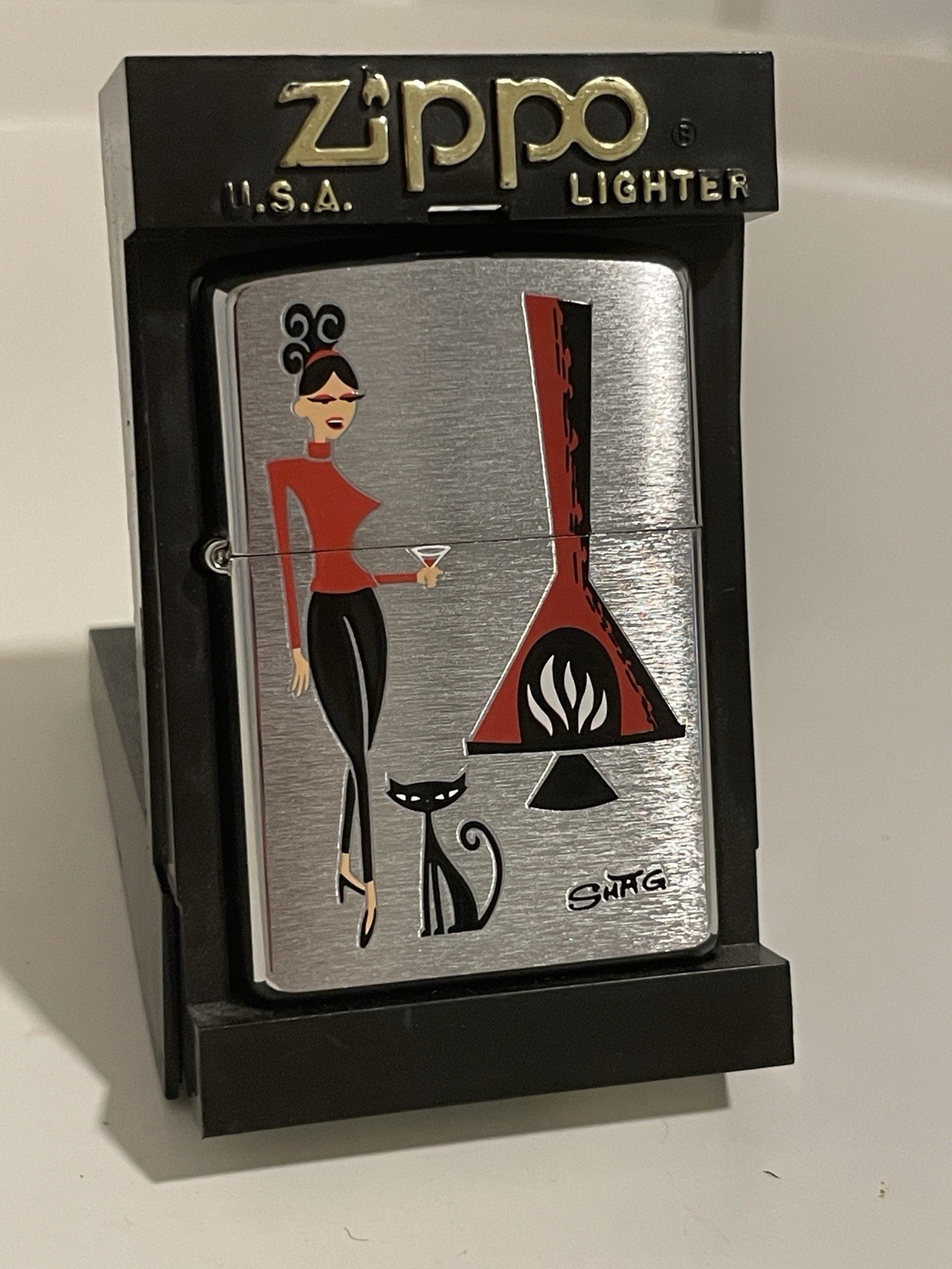 Shag Zippo Martini Girl With Cat Fireplace Josh Agle Flamerite New In Case Rare