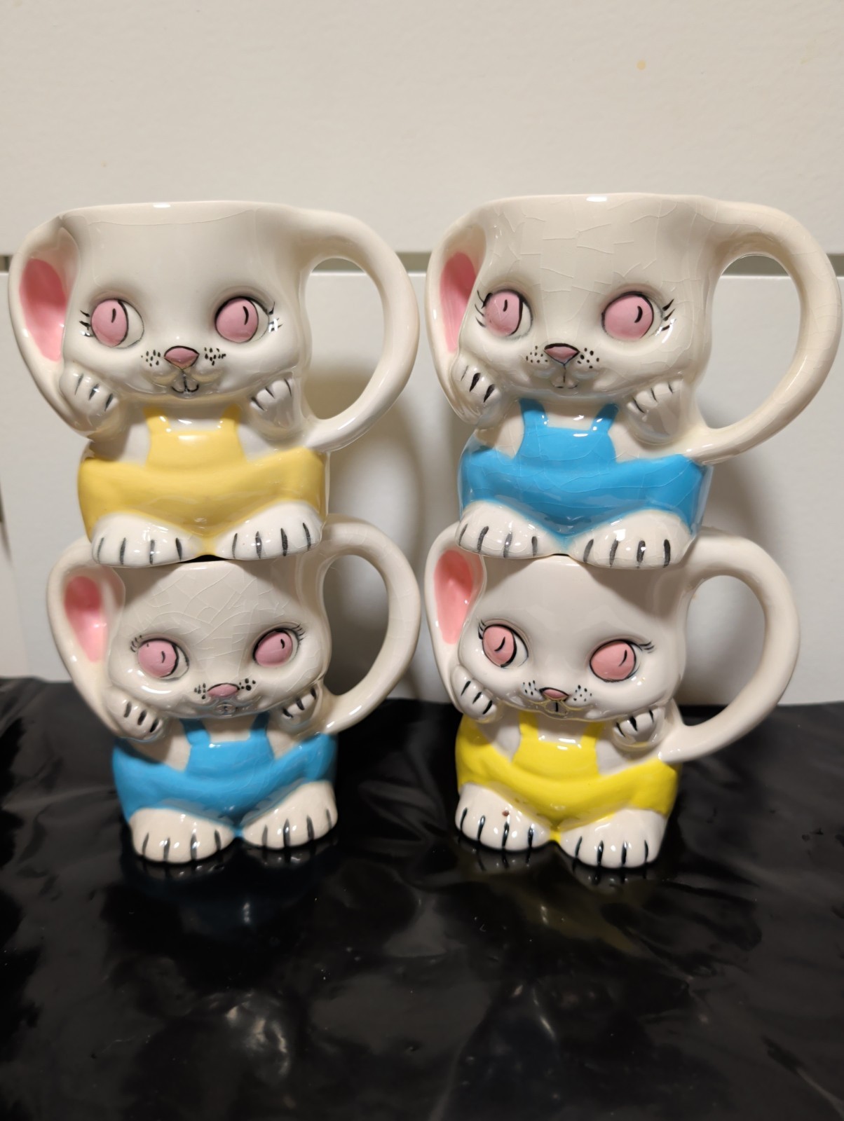 Lot of 4 Vintage Kitsch Ceramic Bunny Mugs Easter Anthropomorphic Overalls...