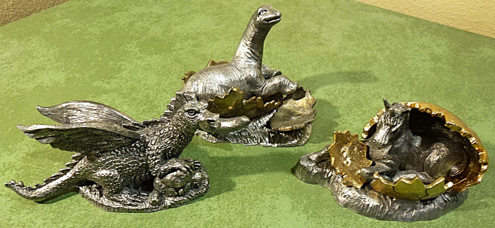 Lot of 3 Vintage Michael Ricker Pewter Figurines Newborn Gold Egg Unicorn Dragon
