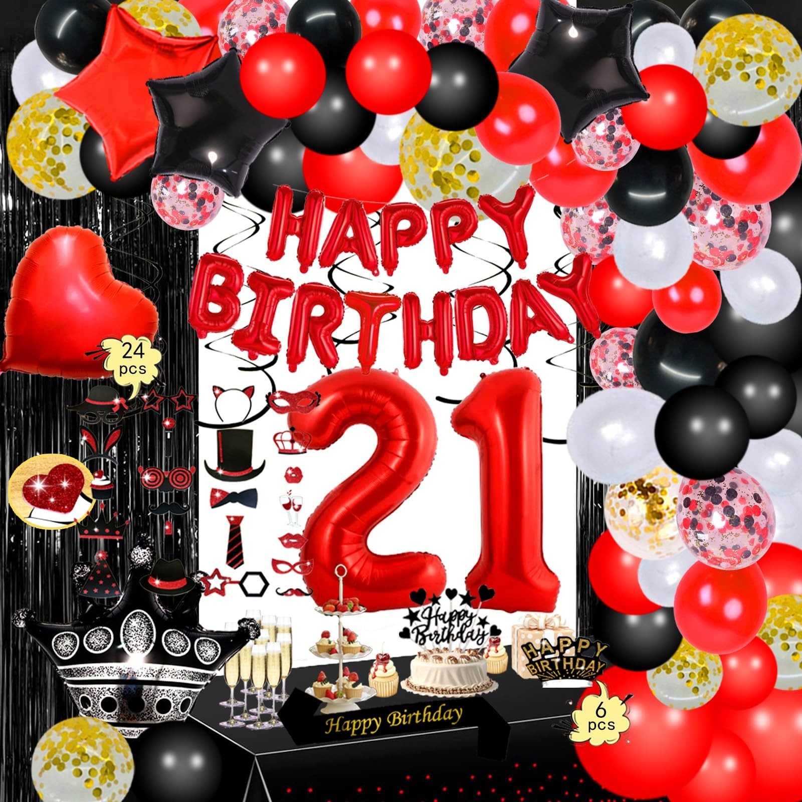 21st Happy Birthday Decorations Kit, Red Happy Birthday Banner Number 21 Ball...