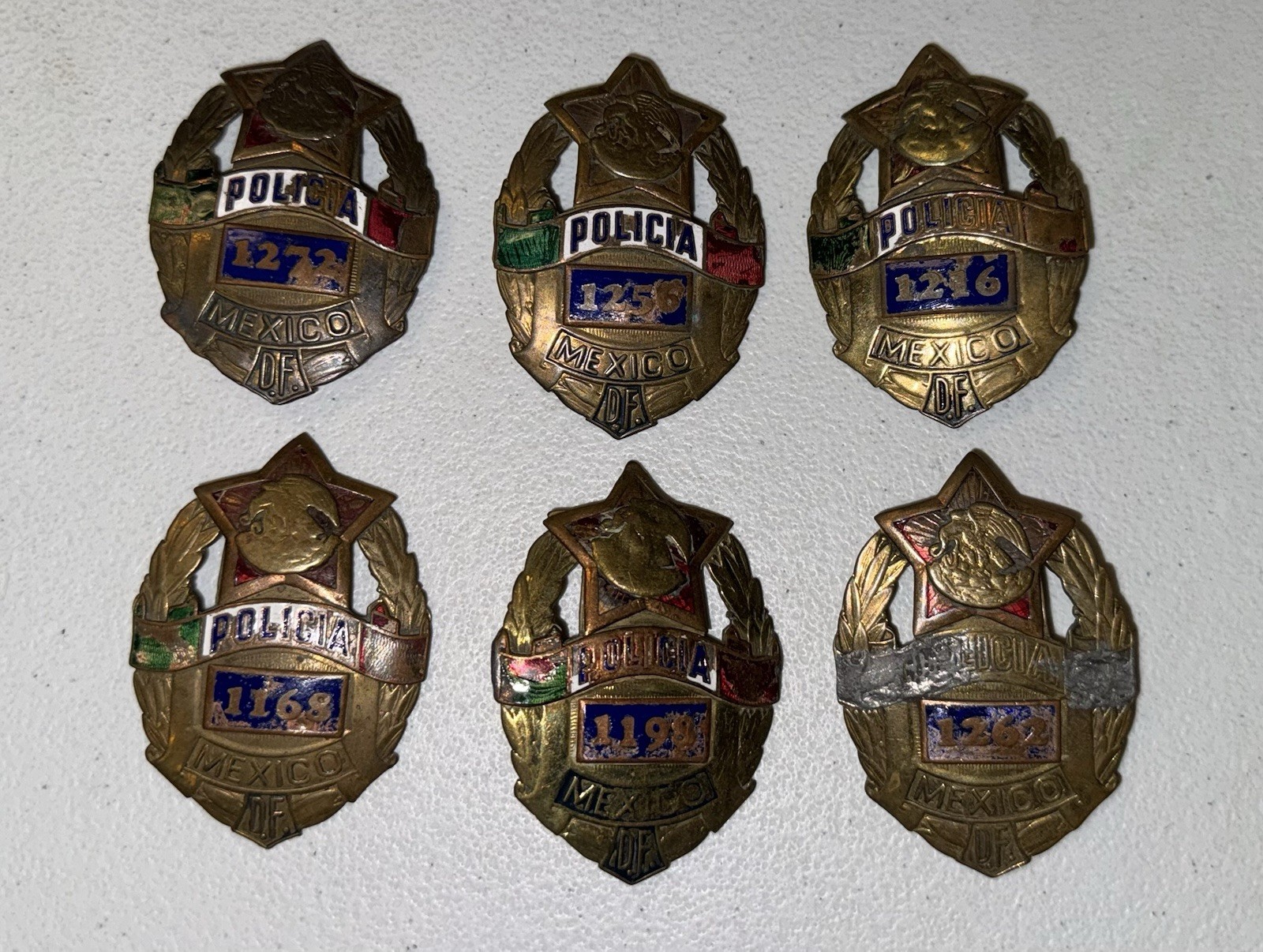 Vintage Lot Of 6 Mexico Policia Numbered Hat Metal 3.1\