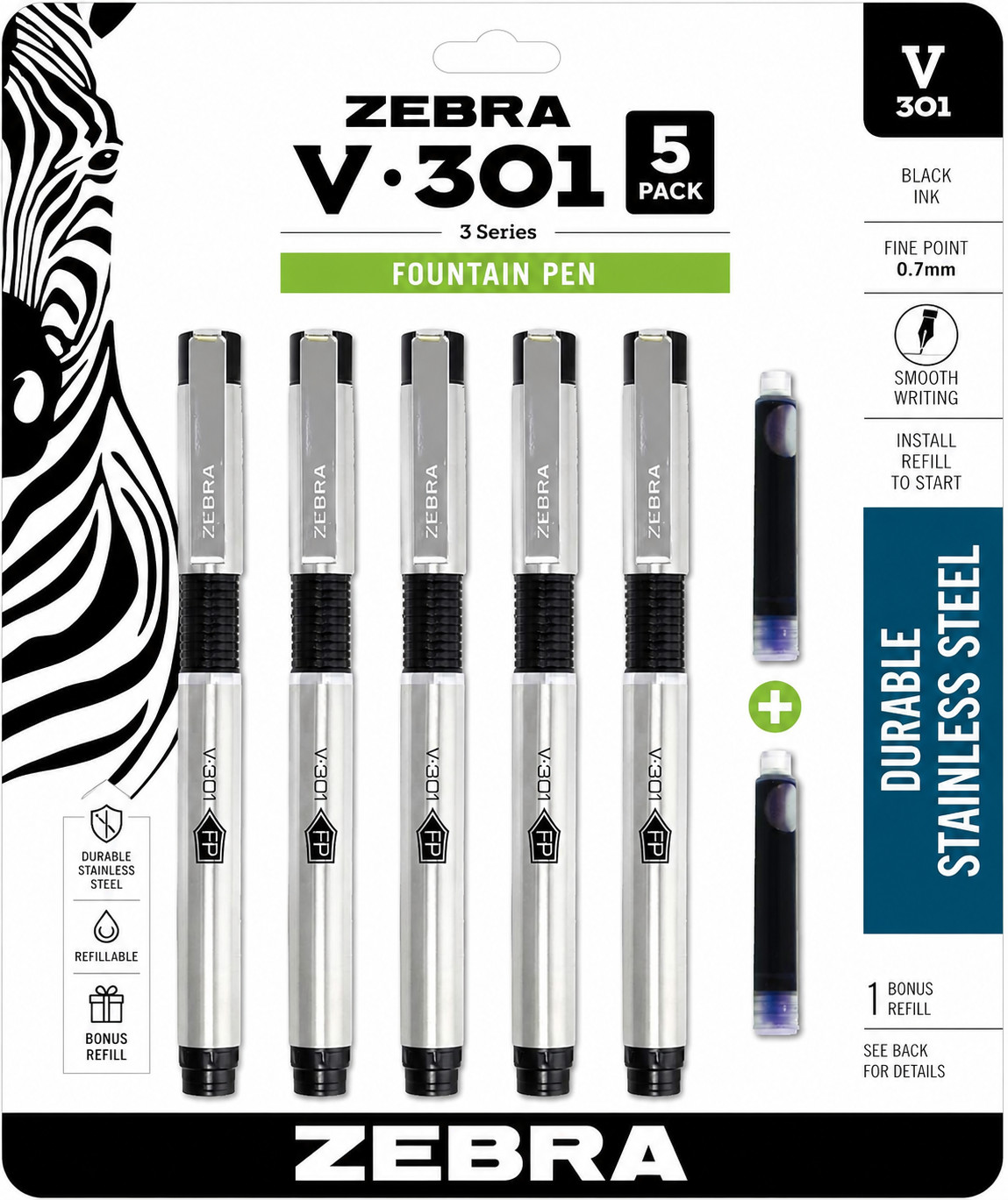 Zebra Pen V-301 Fountain Pen Fine 0.7mm Black Ink Stainless Steel 5 Pack Refill