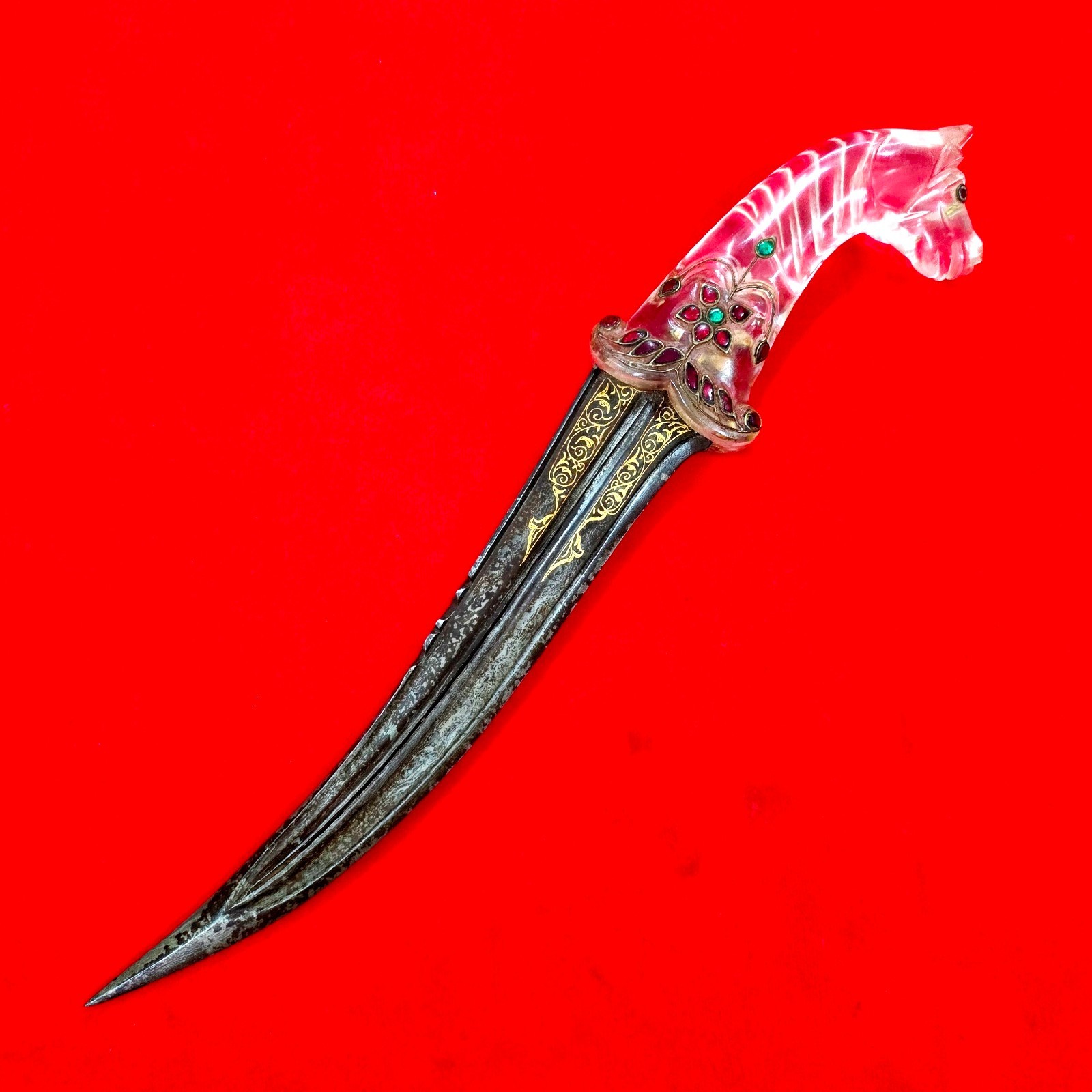 Vintage Indo-Persian Mughal Islamic Jeweled Crystal Gold Damascus Pesh-Kabz Kard