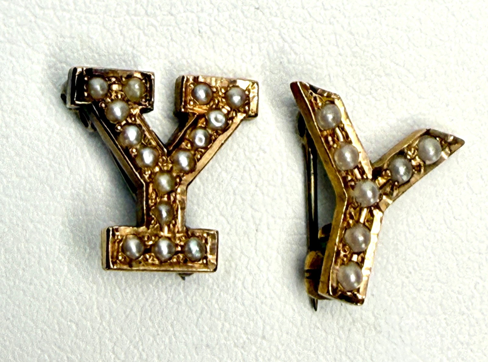 Pair of Antique 1920s Seed Pearl Y Upsilon Fraternity Sorority Badge Guard Pins