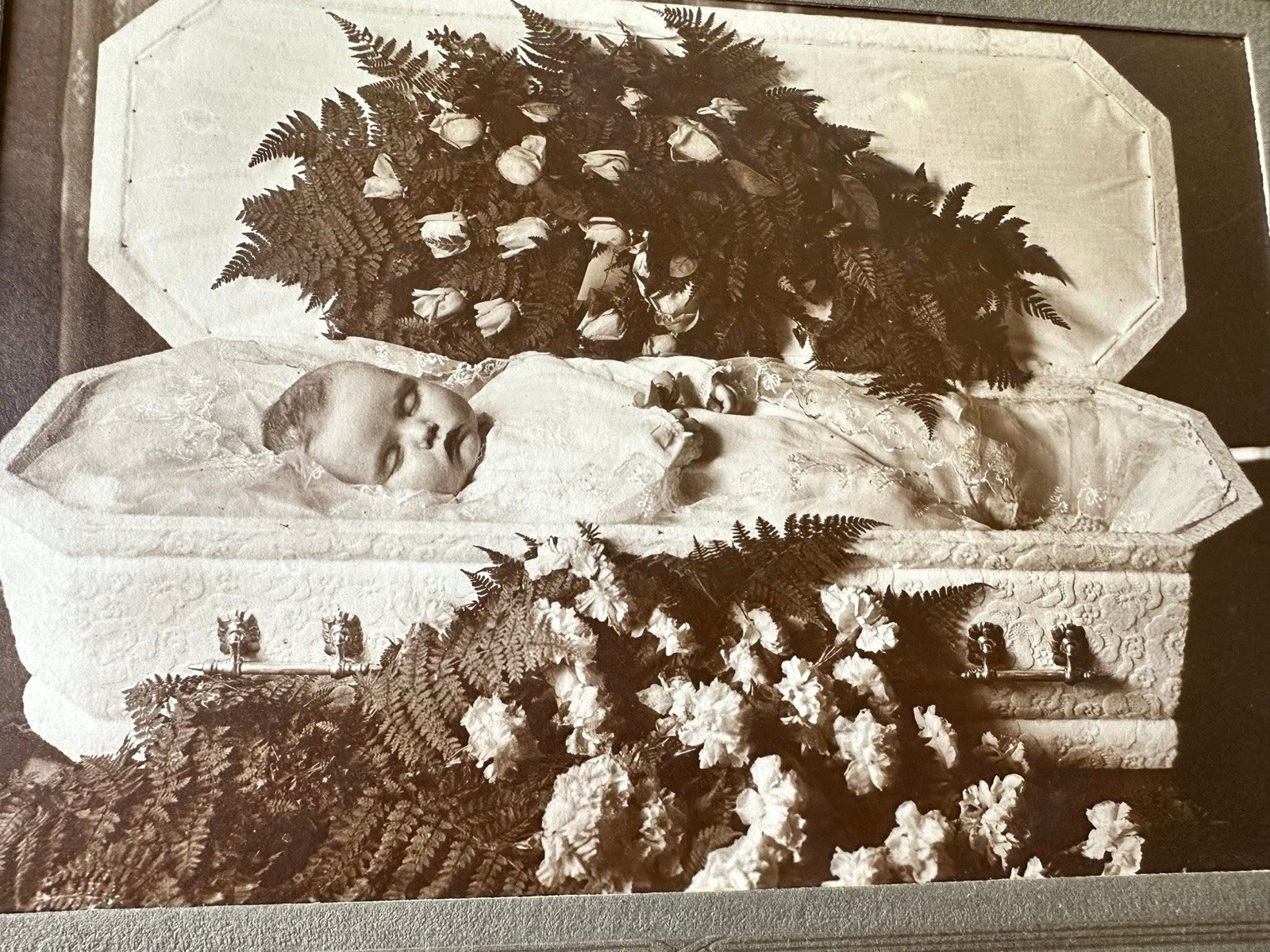 Large Format Post Mortem Photo Baby In Casket / Coffin