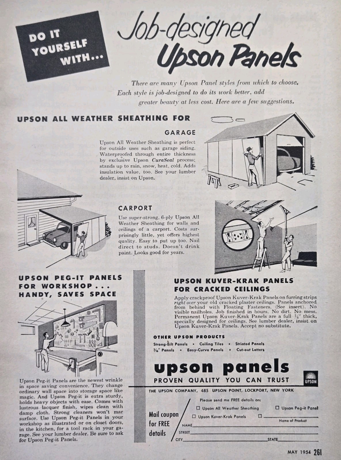 Upson Panels Lockport NY Sheathing Kuver-Krak Ceilings Peg-It Shop Print Ad 1954