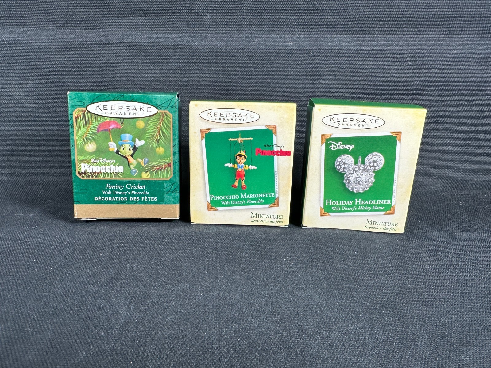 Hallmark Disney Miniatures 2001 Jiminy Cricket/2004 Pinocchio/2005 Mickey Ears