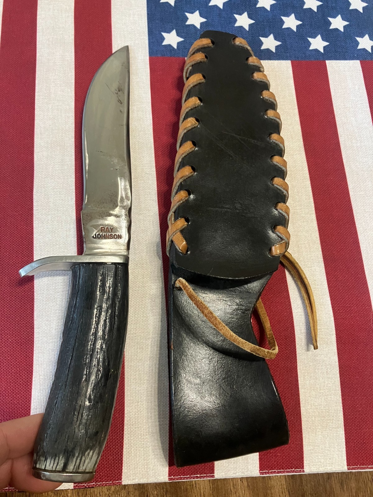 Ray Johnson Custom Handmade Fixed carbon steel  blade, Bone-Antler Handle, Knife