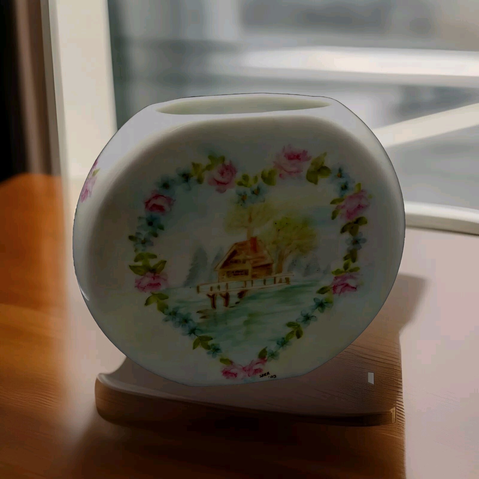 Vintage Vase hand painted cottage Porcelain  scene 6\