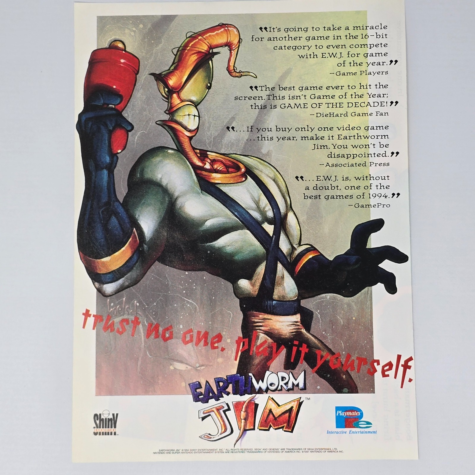 Earthworm Jim Sega Genesis Super Nintendo SNES Trust No One Print Ad/Poster