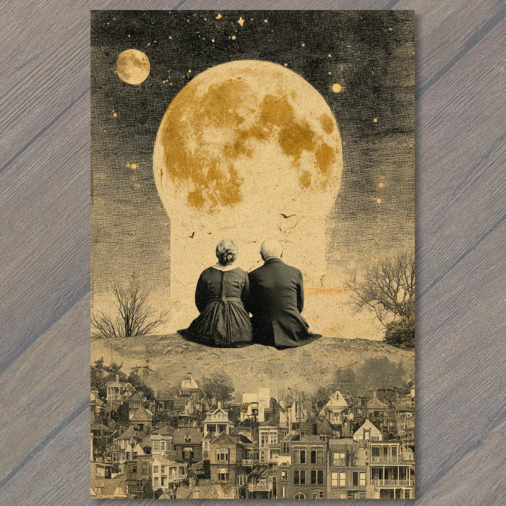 POSTCARD Elderly Couple Watching Giant Moon Surreal Night City Romance