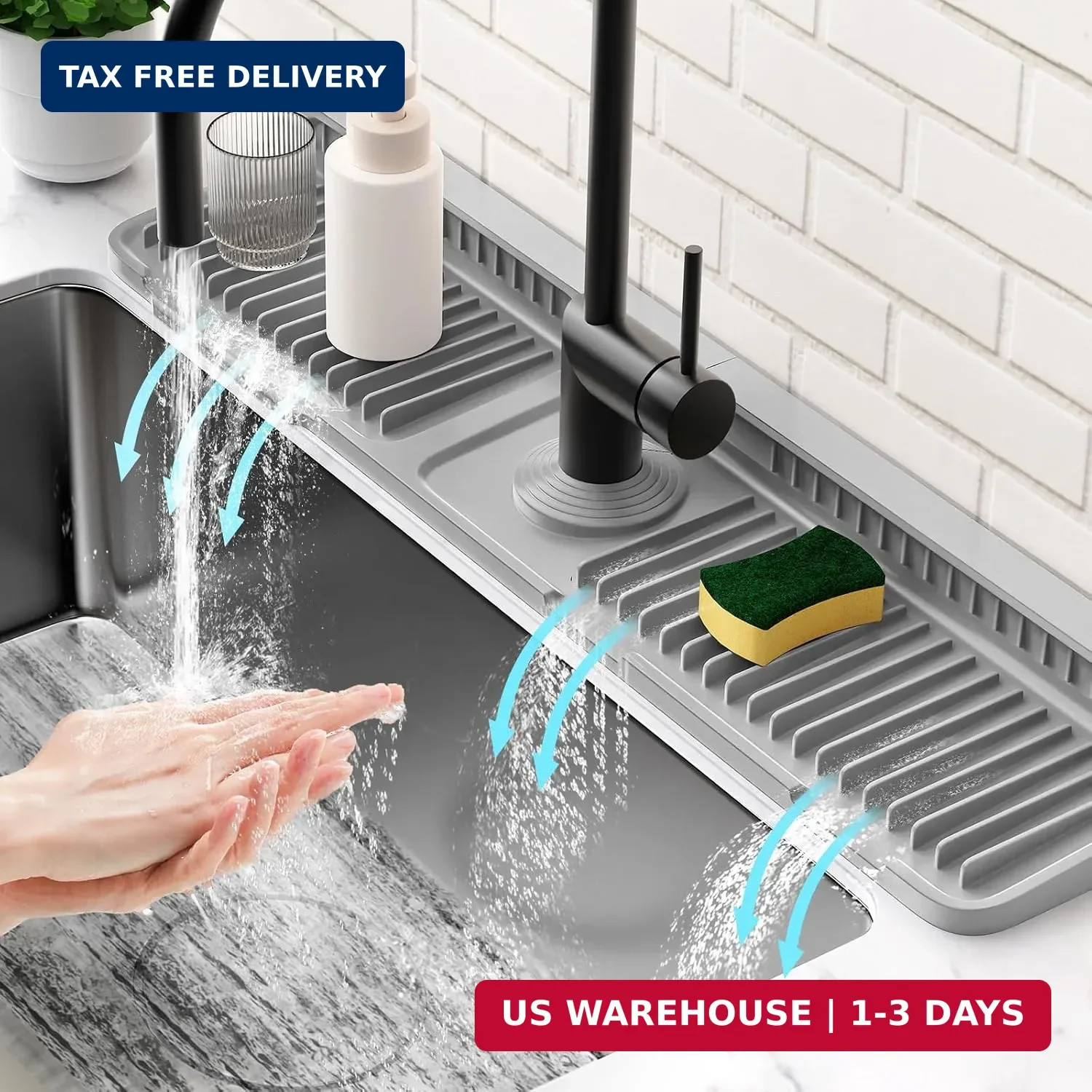 24\'\' Longer Faucet Mat for Kitchen Sink Splash Guard[7° Slope Fast Self-draining