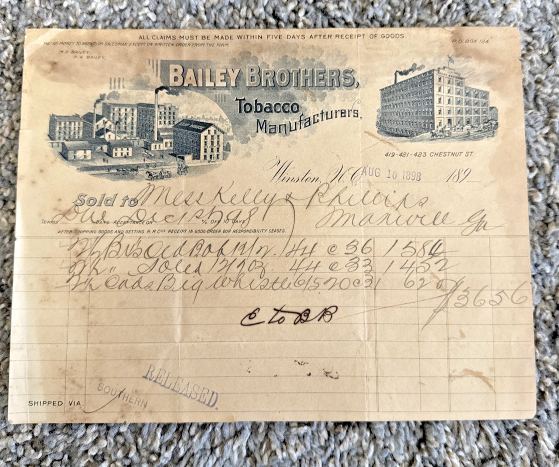 Vintage 1898 Bailey Brothers Tobacco Receipt Winston-Salem NC Illustrated