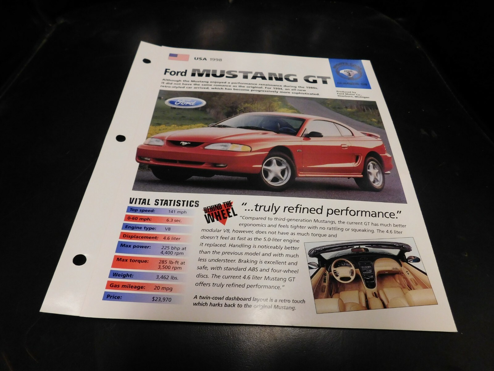 1998 Ford Mustang GT Spec Sheet Brochure Photo Poster 1994 1995 1996 1997