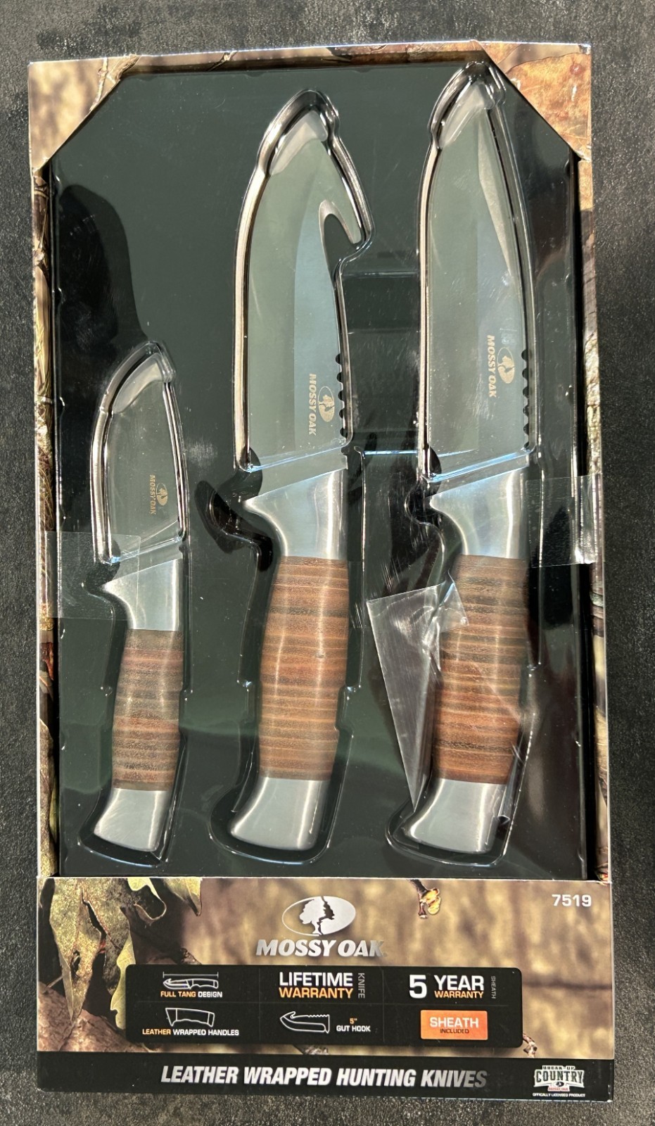 Mossy Oak 3pc Hunting Knife Set Break-Up Country Stacked Leather Full Tang 7519