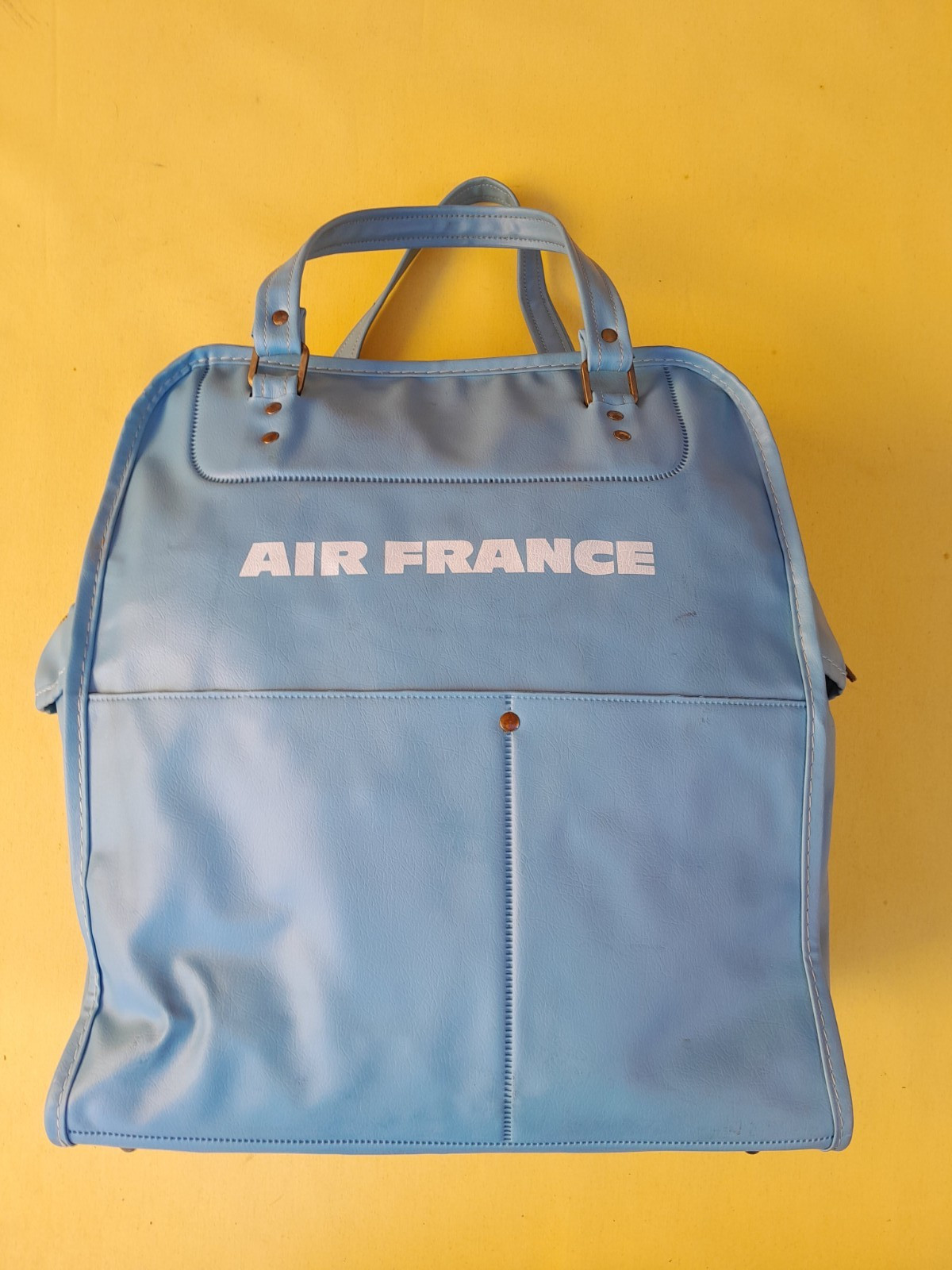 Vintage 1960s Air France Bag Womens M Blue Vinyl Flight Airline Tote Carrier