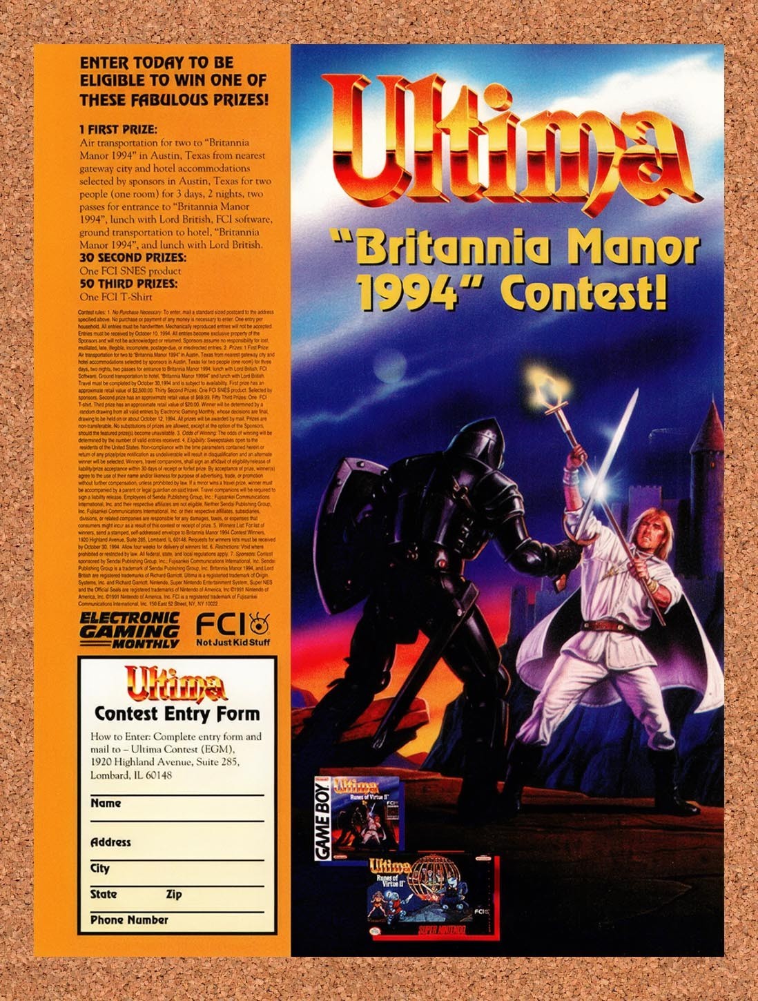 1994 Ultima Britannia Manor Contest Original Advertisement / Retro Promo v1