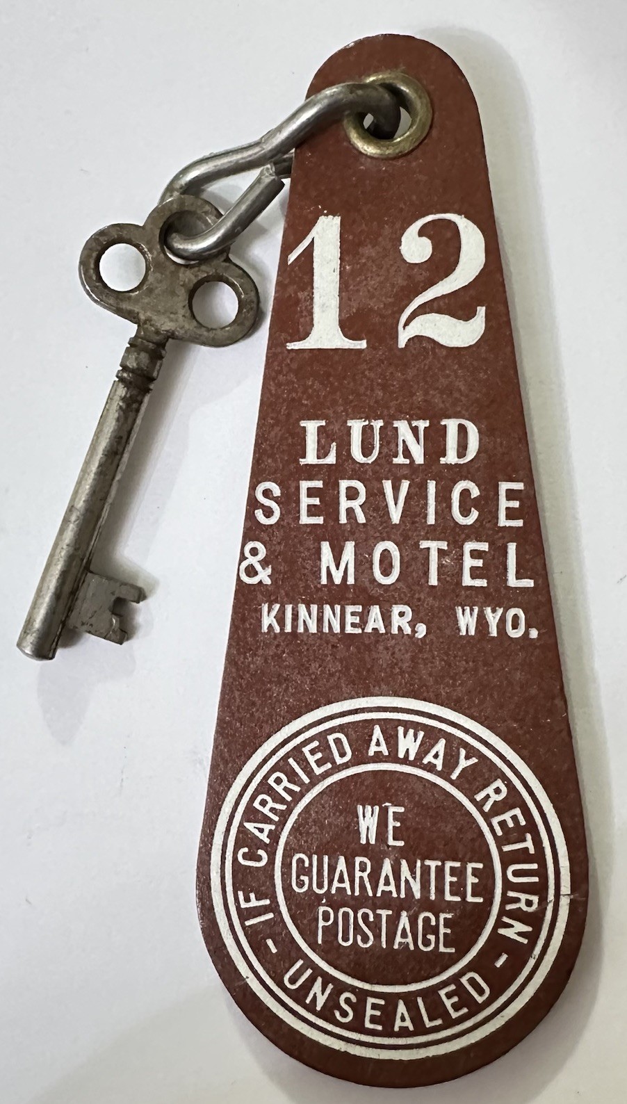 Lund Service & Motel Kinnear, Wyoming Hotel Room Key #12 Fob w/ Skeleton Key