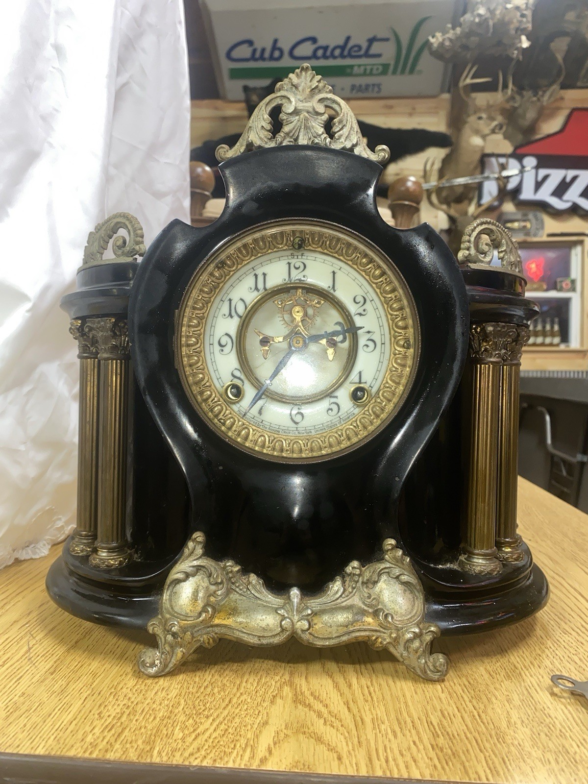 Antique Ansonia  Cast Iron Mantel Clock Open Escapement Works w key
