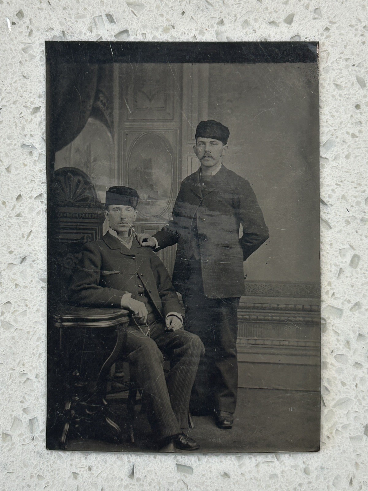Antique 1800s Tintype Photo Two Victorian Men Matching Caps Studio Portrait