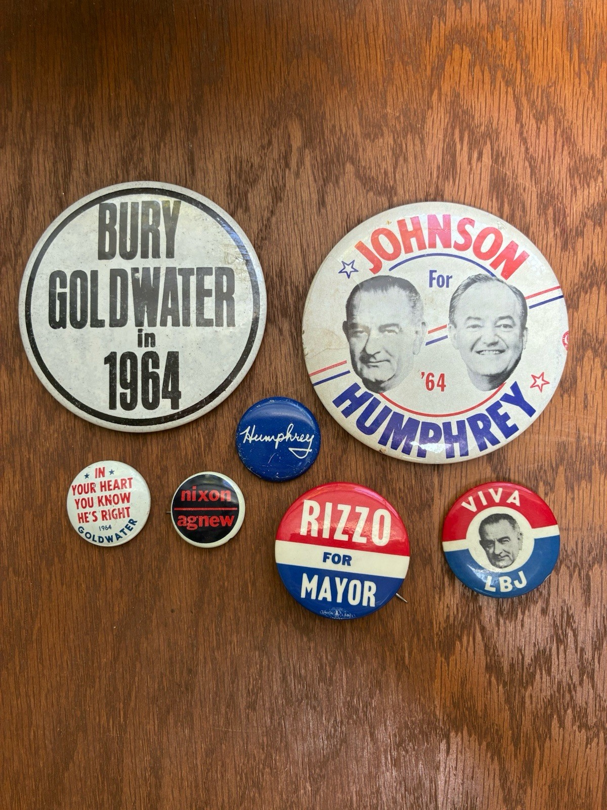 Lot Of 7 Used Vintage Political Button/Pins: LBJ, Nixon, Rizzo, Goldwater + More